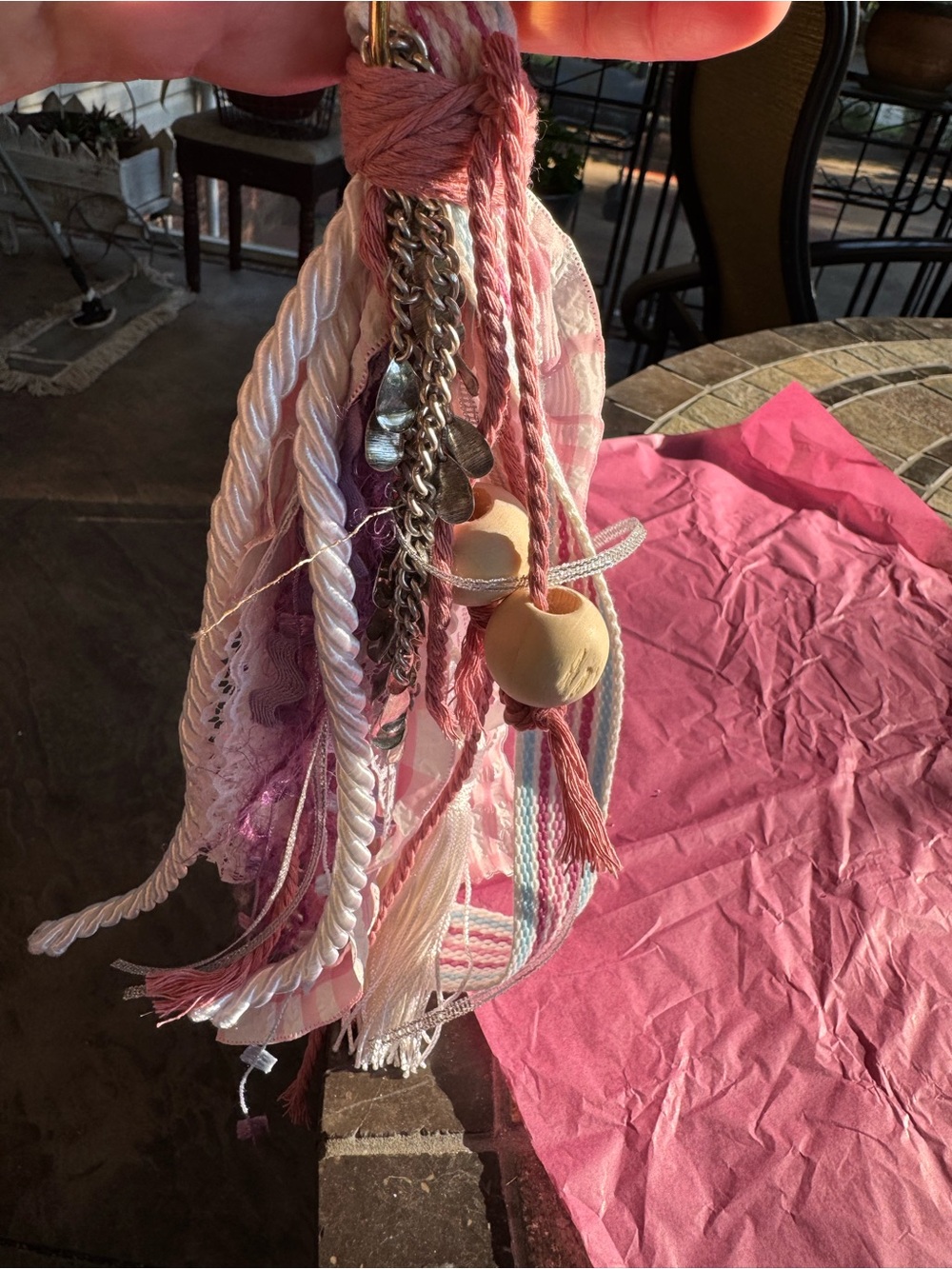 Multi-Texture Tassel Keychain/Purse Charm in Pink and Cream